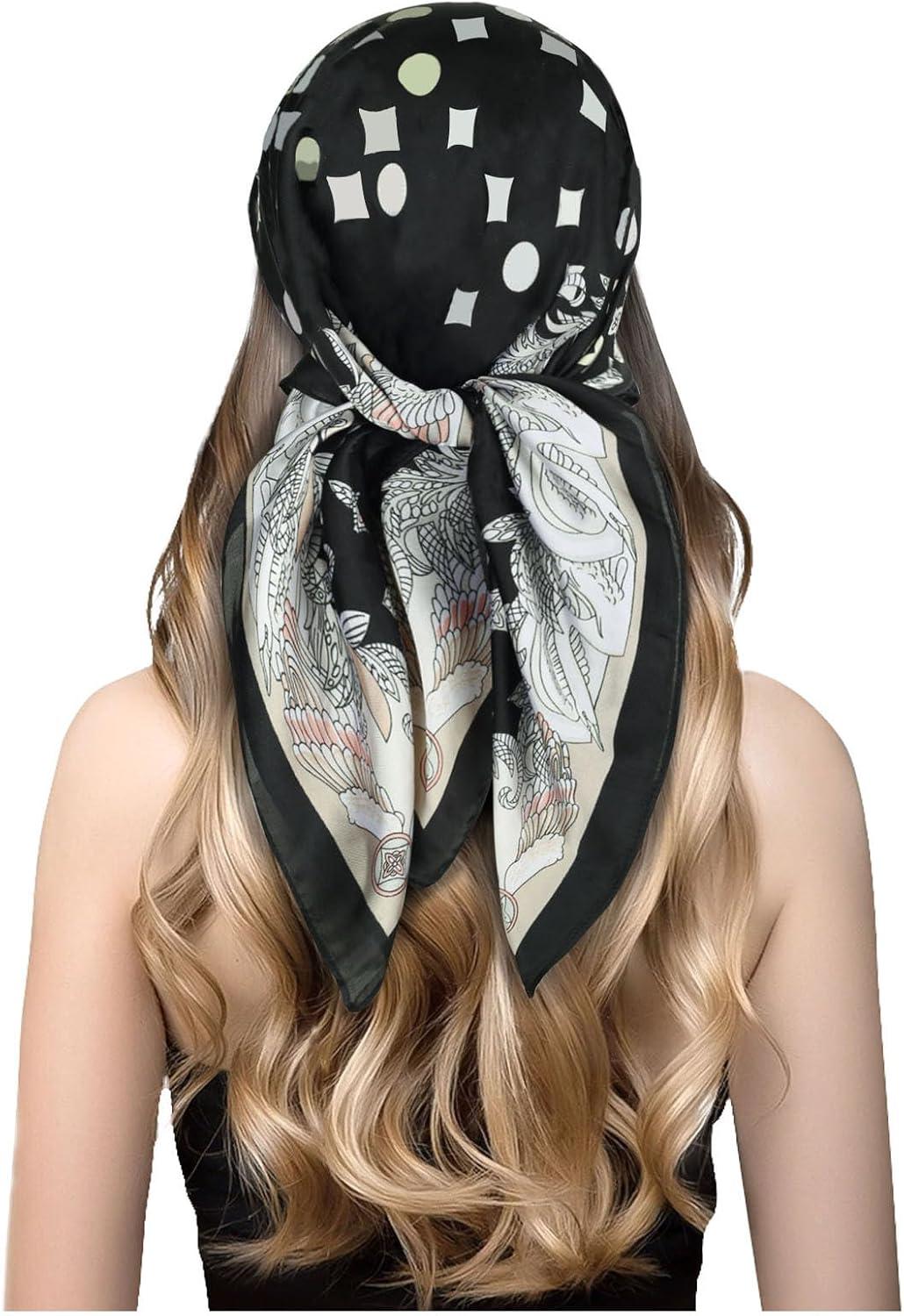 imageEXTREE Silk Feeling Scarf Medium Square Satin Head Scarf Sleeping Hair Wrapping for Women 275  275 inchesFour Leaf Clover Black