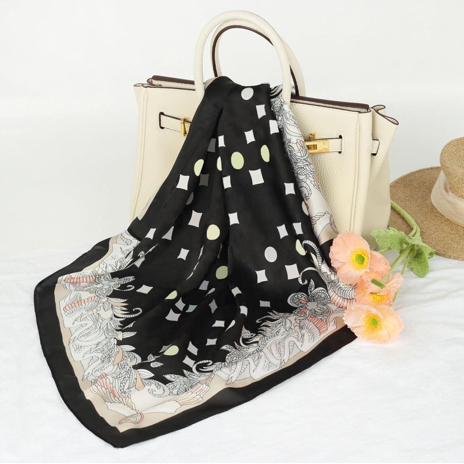 imageEXTREE Silk Feeling Scarf Medium Square Satin Head Scarf Sleeping Hair Wrapping for Women 275  275 inchesFour Leaf Clover Black