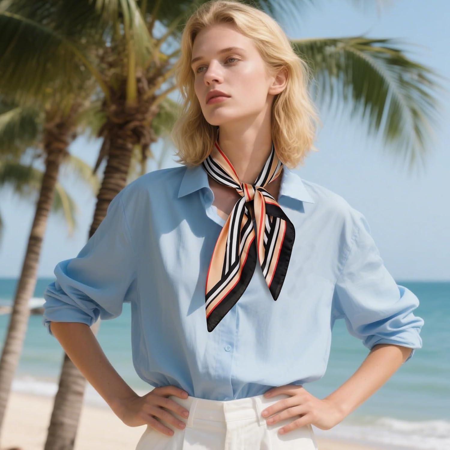 imageEXTREE Silk Feeling Scarf Medium Square Satin Head Scarf Sleeping Hair Wrapping for Women 275  275 inchesGeometric Lines