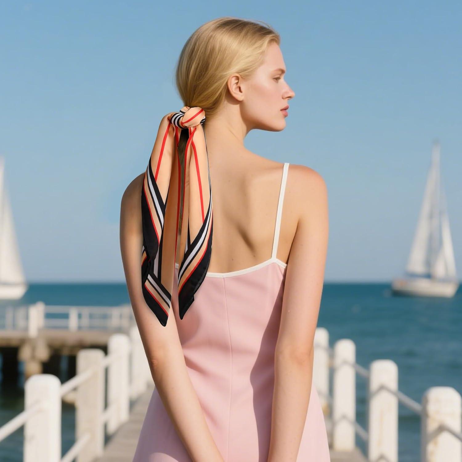 imageEXTREE Silk Feeling Scarf Medium Square Satin Head Scarf Sleeping Hair Wrapping for Women 275  275 inchesGeometric Lines