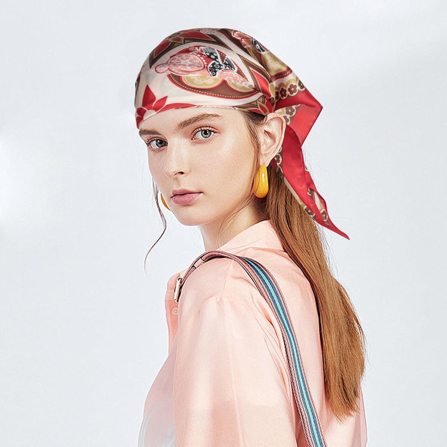 imageEXTREE Silk Feeling Scarf Medium Square Satin Head Scarf Sleeping Hair Wrapping for Women 275  275 inchesGinger Yellow With Red Edge