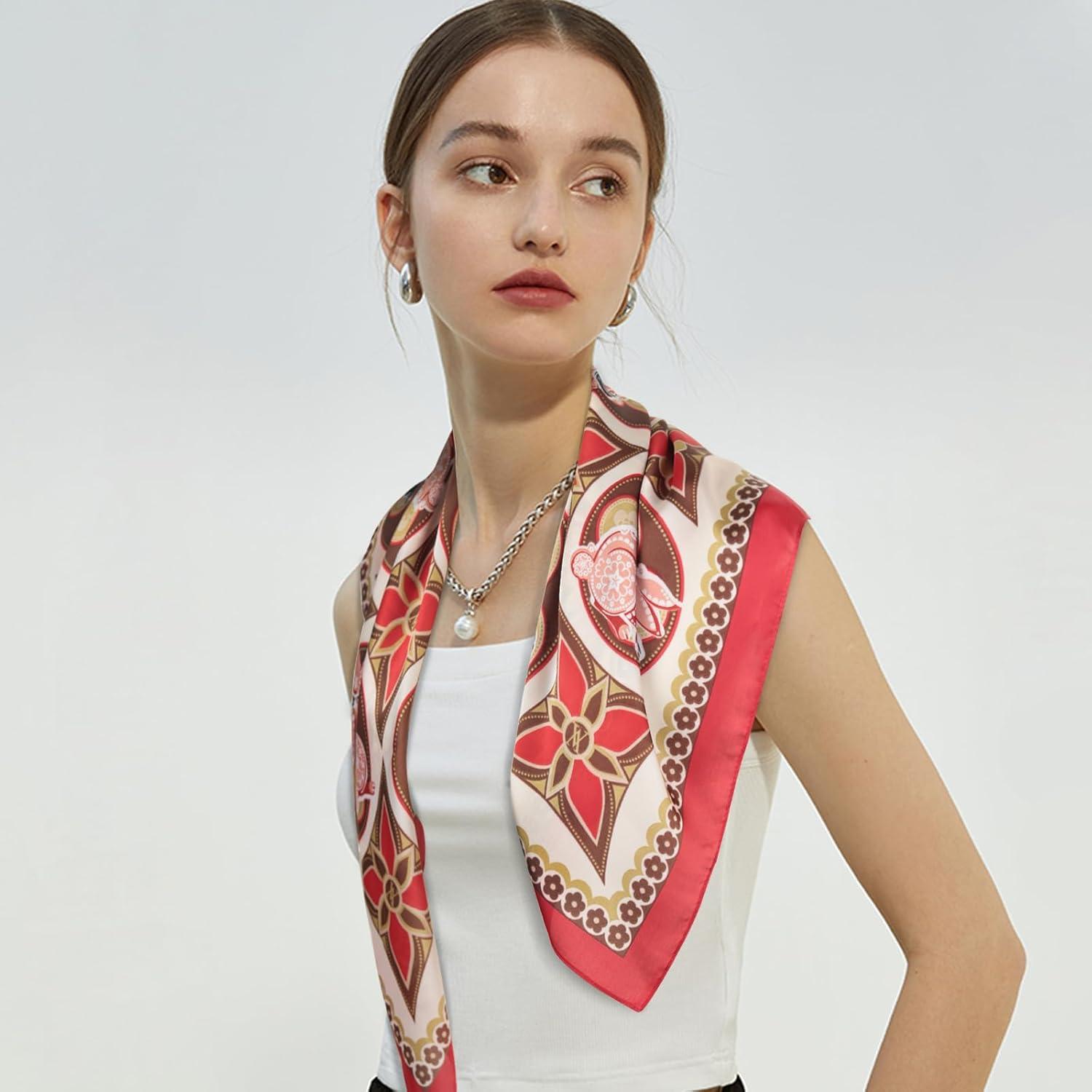 imageEXTREE Silk Feeling Scarf Medium Square Satin Head Scarf Sleeping Hair Wrapping for Women 275  275 inchesGinger Yellow With Red Edge