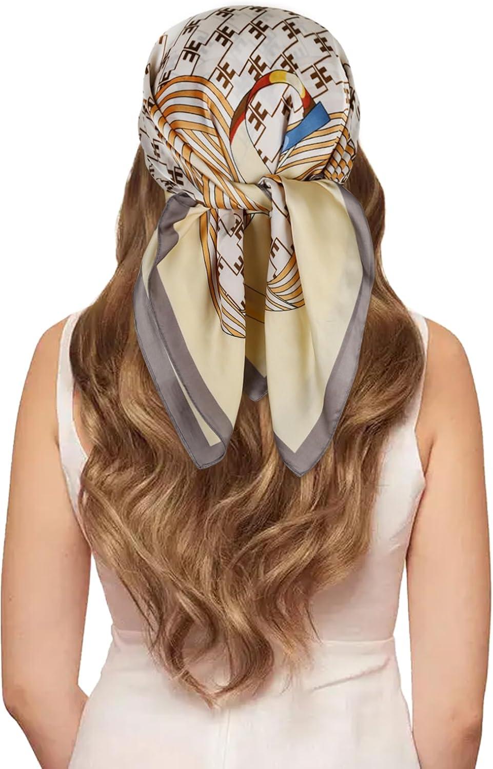 imageEXTREE Silk Feeling Scarf Medium Square Satin Head Scarf Sleeping Hair Wrapping for Women 275  275 inchesGray Edge