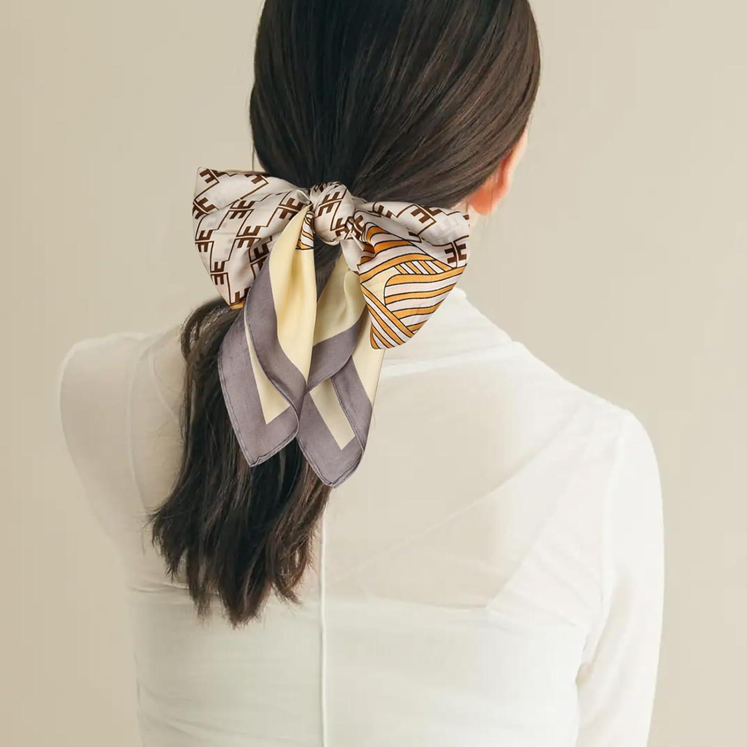 imageEXTREE Silk Feeling Scarf Medium Square Satin Head Scarf Sleeping Hair Wrapping for Women 275  275 inchesGray Edge