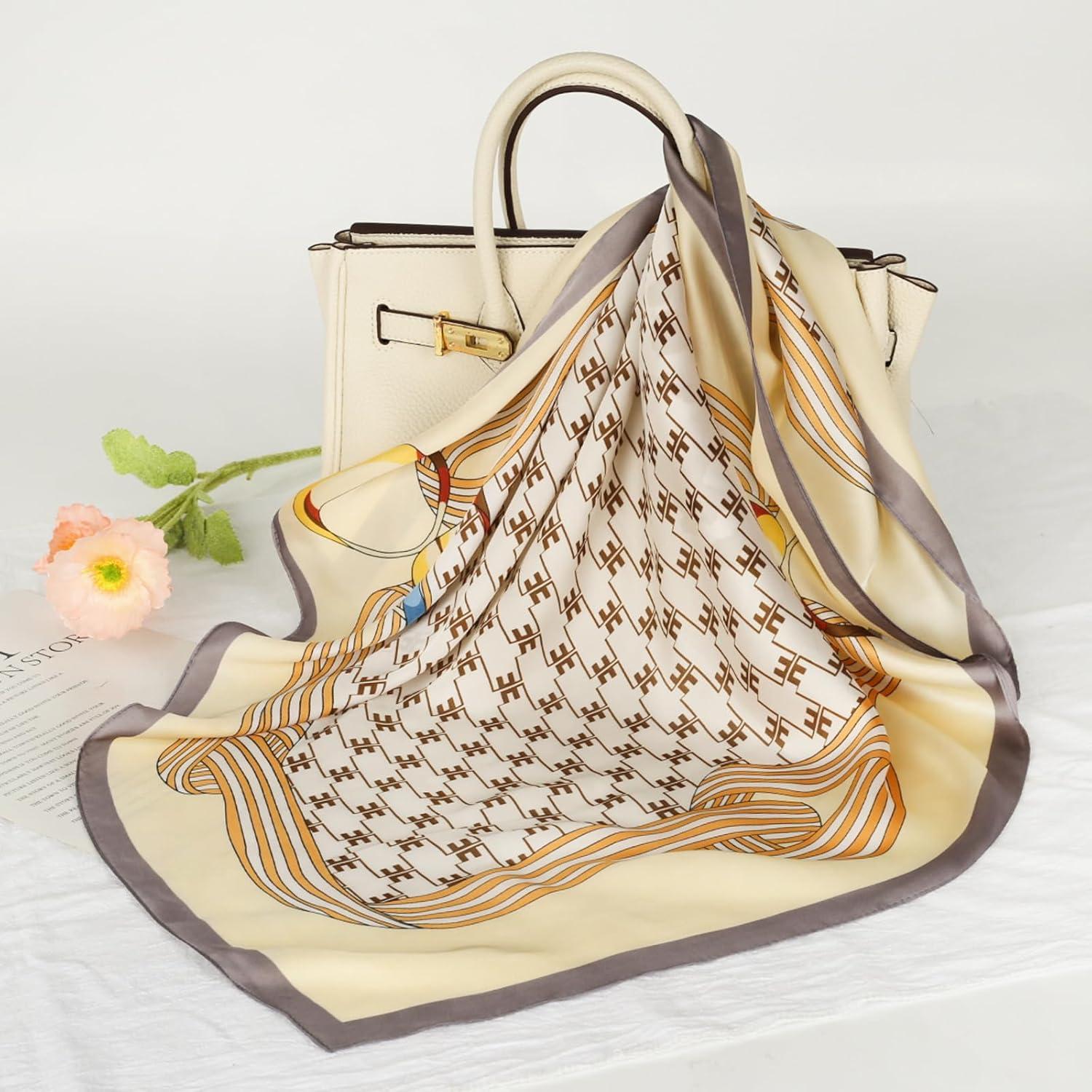 imageEXTREE Silk Feeling Scarf Medium Square Satin Head Scarf Sleeping Hair Wrapping for Women 275  275 inchesGray Edge