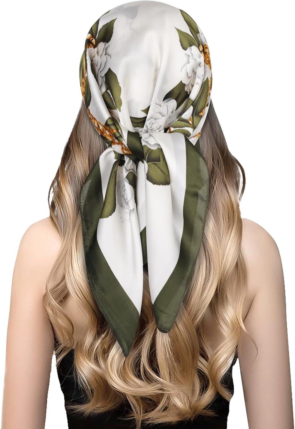 imageEXTREE Silk Feeling Scarf Medium Square Satin Head Scarf Sleeping Hair Wrapping for Women 275  275 inchesGreen Camellia