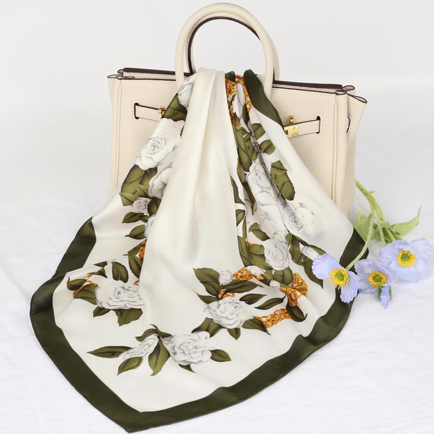 imageEXTREE Silk Feeling Scarf Medium Square Satin Head Scarf Sleeping Hair Wrapping for Women 275  275 inchesGreen Camellia