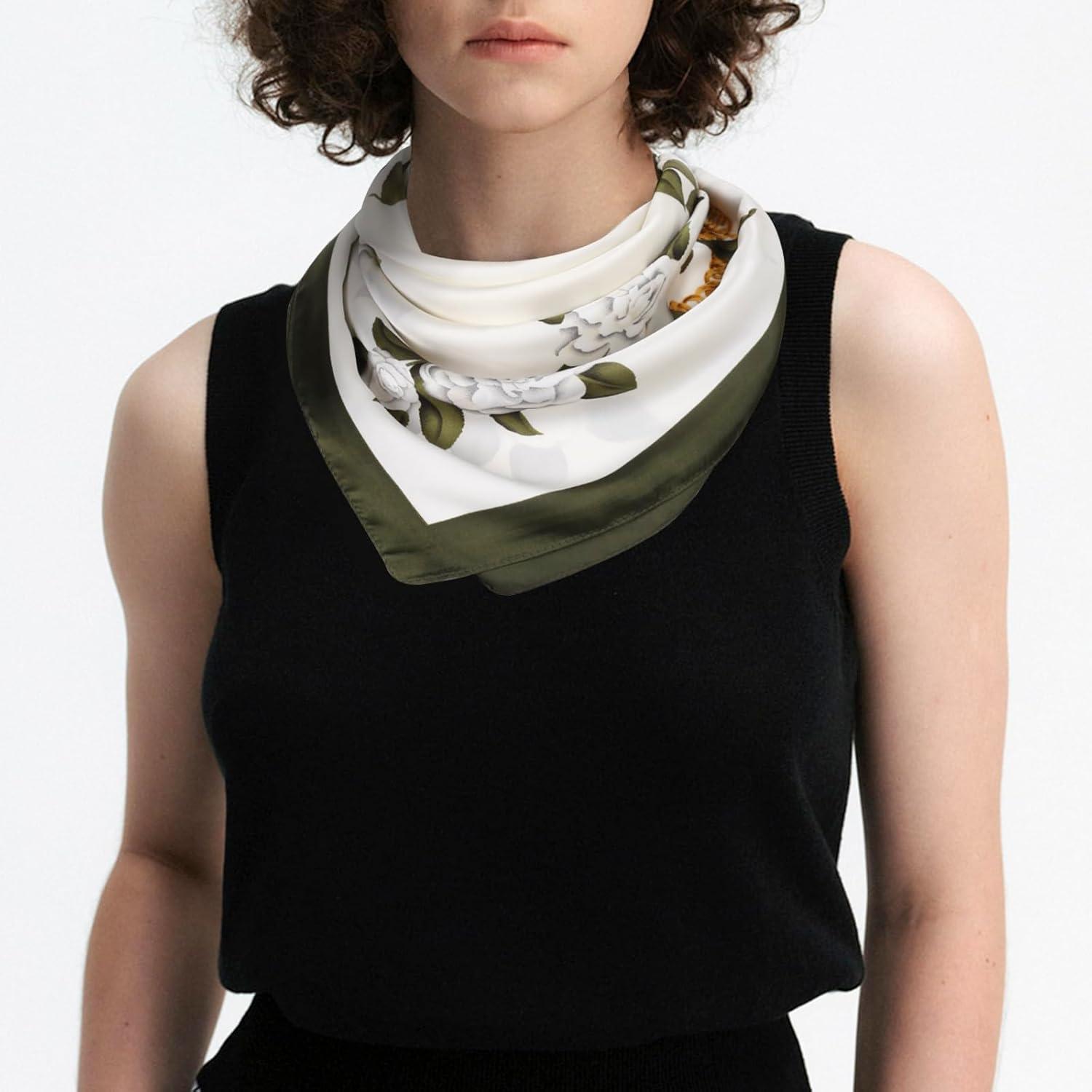 imageEXTREE Silk Feeling Scarf Medium Square Satin Head Scarf Sleeping Hair Wrapping for Women 275  275 inchesGreen Camellia