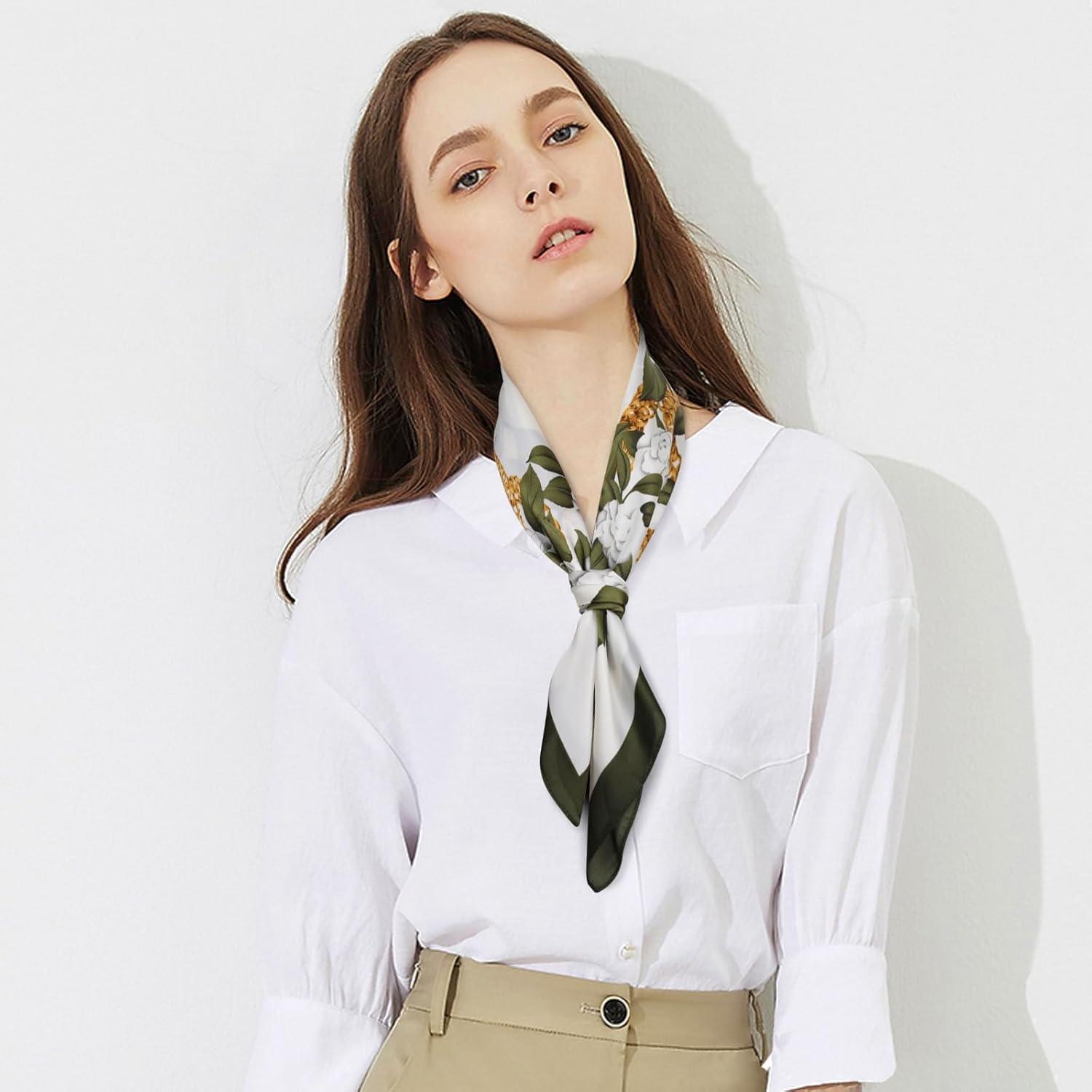 imageEXTREE Silk Feeling Scarf Medium Square Satin Head Scarf Sleeping Hair Wrapping for Women 275  275 inchesGreen Camellia