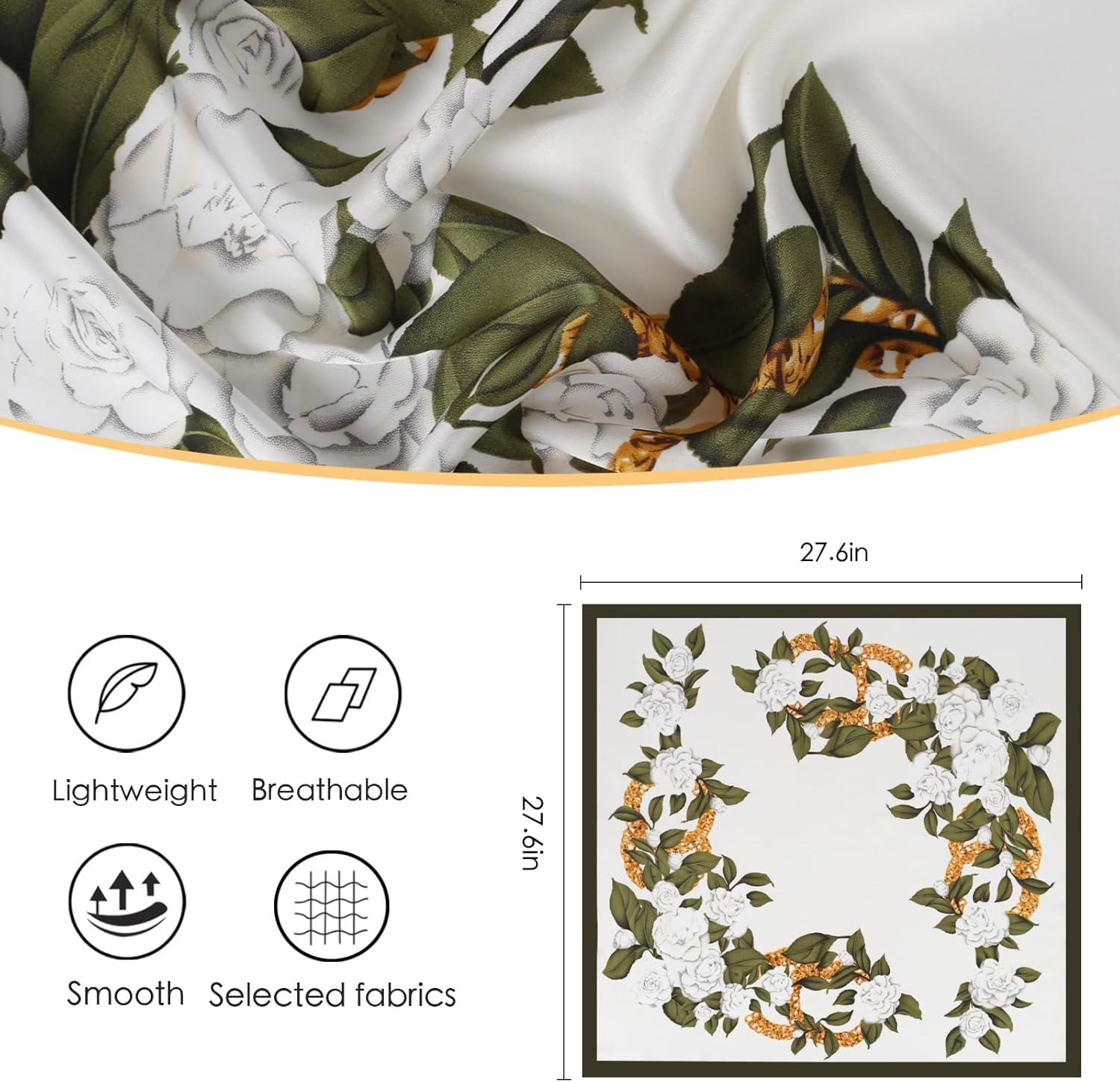 imageEXTREE Silk Feeling Scarf Medium Square Satin Head Scarf Sleeping Hair Wrapping for Women 275  275 inchesGreen Camellia