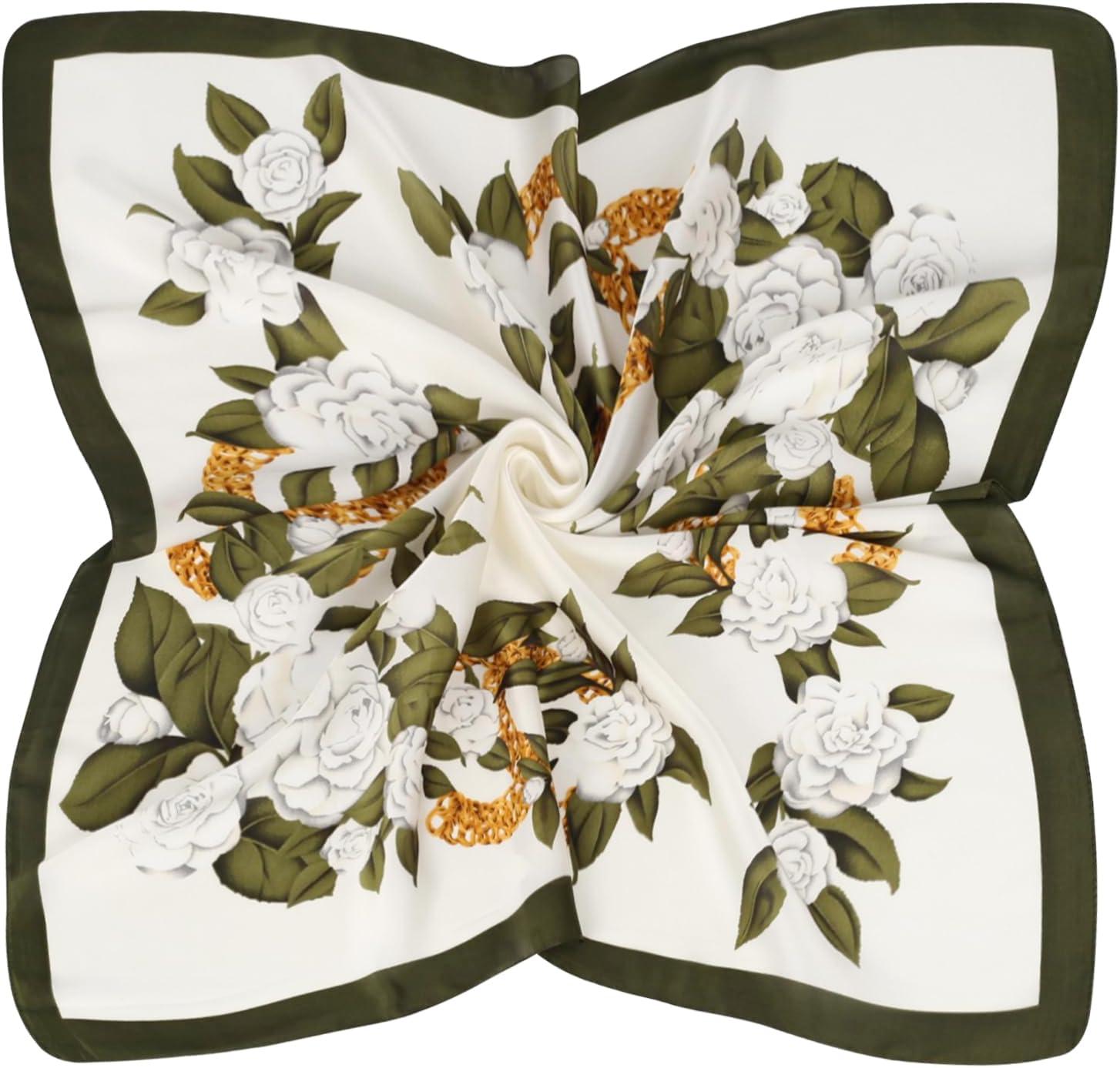 imageEXTREE Silk Feeling Scarf Medium Square Satin Head Scarf Sleeping Hair Wrapping for Women 275  275 inchesGreen Camellia