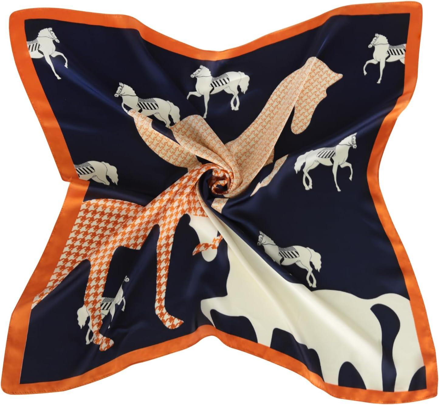 imageEXTREE Silk Feeling Scarf Medium Square Satin Head Scarf Sleeping Hair Wrapping for Women 275  275 inchesHoundstooth Pony Navy Blue Bottom