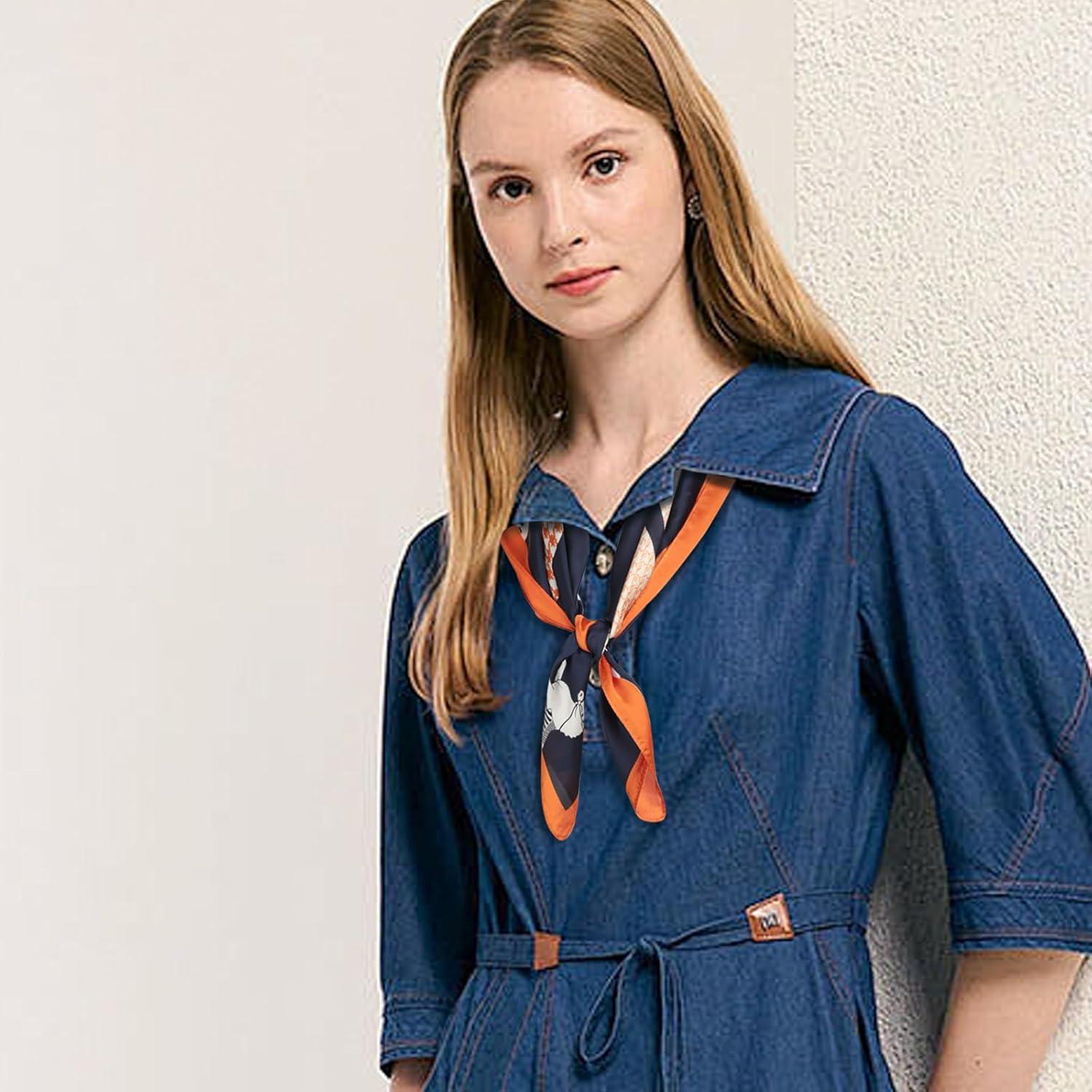 imageEXTREE Silk Feeling Scarf Medium Square Satin Head Scarf Sleeping Hair Wrapping for Women 275  275 inchesHoundstooth Pony Navy Blue Bottom