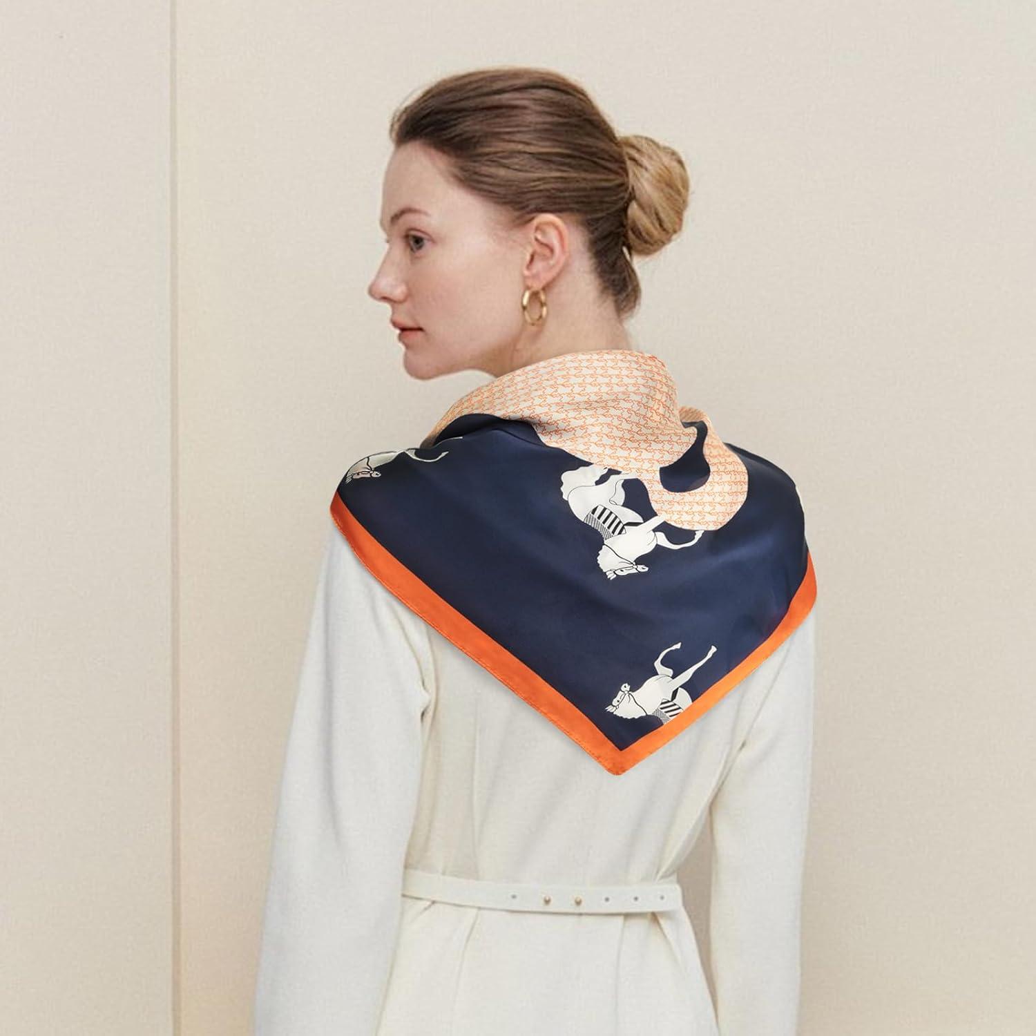 imageEXTREE Silk Feeling Scarf Medium Square Satin Head Scarf Sleeping Hair Wrapping for Women 275  275 inchesHoundstooth Pony Navy Blue Bottom