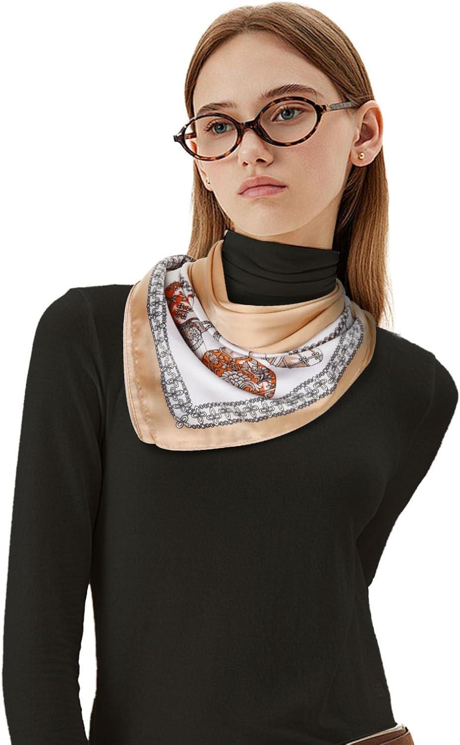 imageEXTREE Silk Feeling Scarf Medium Square Satin Head Scarf Sleeping Hair Wrapping for Women 275  275 inchesKhaki Lace