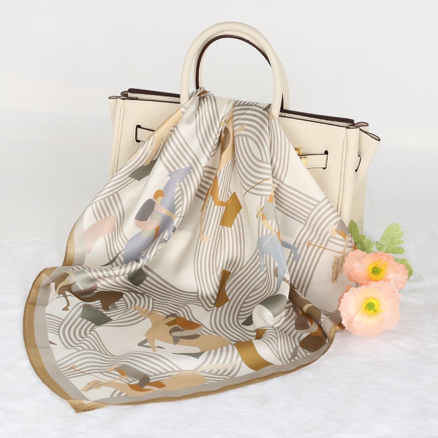 imageEXTREE Silk Feeling Scarf Medium Square Satin Head Scarf Sleeping Hair Wrapping for Women 275  275 inchesKnight Coffee Side