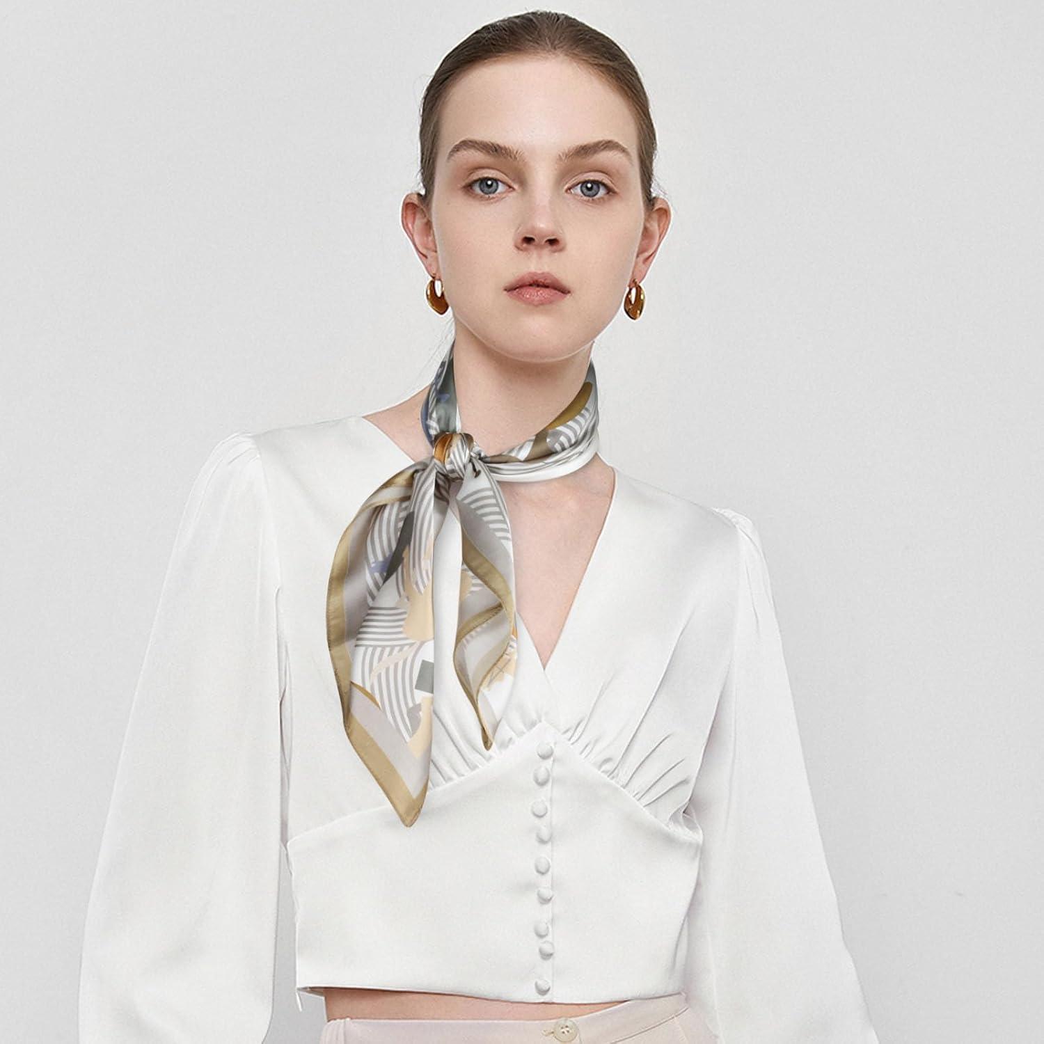 imageEXTREE Silk Feeling Scarf Medium Square Satin Head Scarf Sleeping Hair Wrapping for Women 275  275 inchesKnight Coffee Side