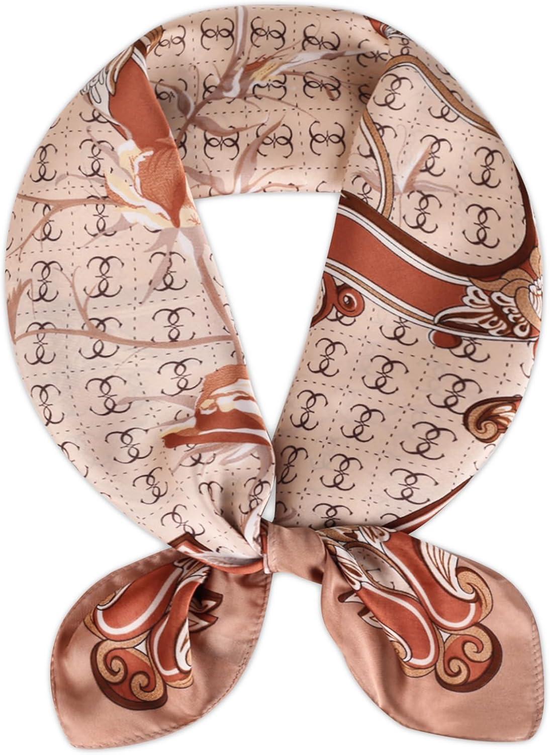 imageEXTREE Silk Feeling Scarf Medium Square Satin Head Scarf Sleeping Hair Wrapping for Women 275  275 inchesLight Brown Double Ring