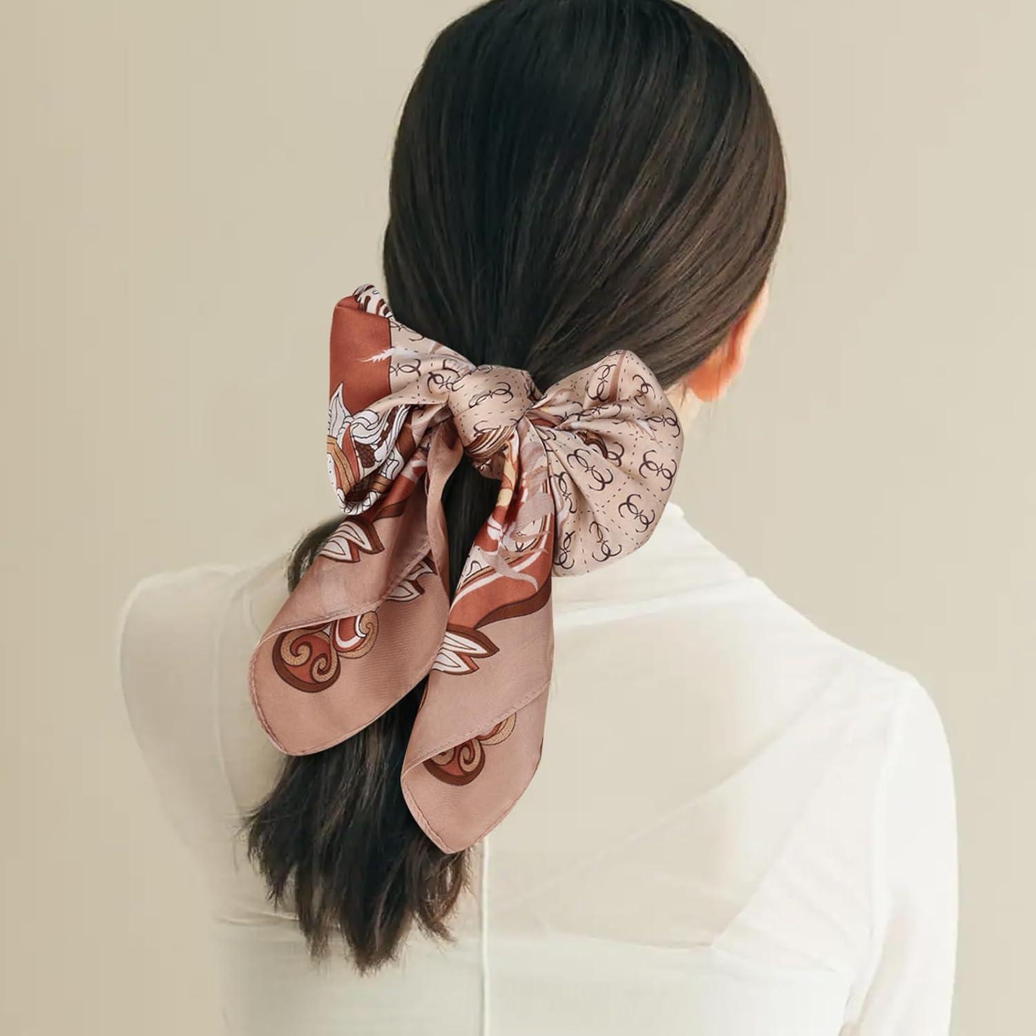 imageEXTREE Silk Feeling Scarf Medium Square Satin Head Scarf Sleeping Hair Wrapping for Women 275  275 inchesLight Brown Double Ring