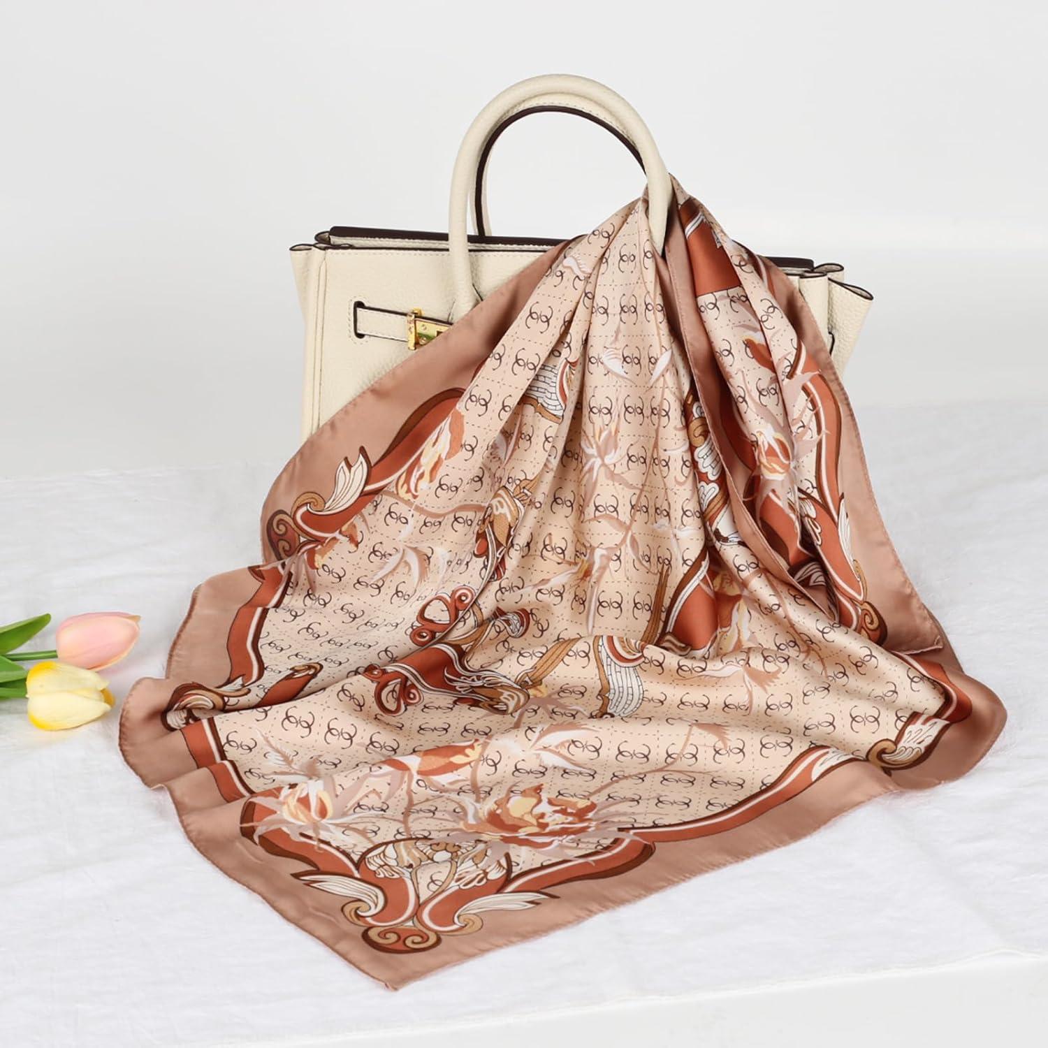 imageEXTREE Silk Feeling Scarf Medium Square Satin Head Scarf Sleeping Hair Wrapping for Women 275  275 inchesLight Brown Double Ring