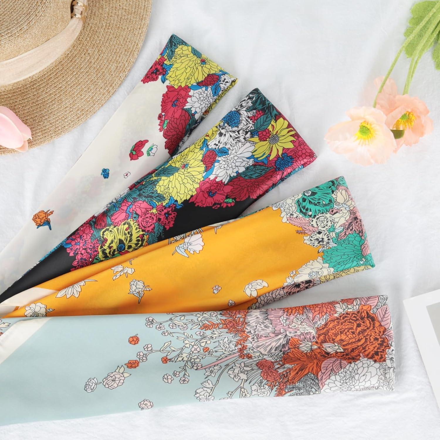 imageEXTREE Silk Feeling Scarf Medium Square Satin Head Scarf Sleeping Hair Wrapping for Women 275  275 inchesLight Floral Dress