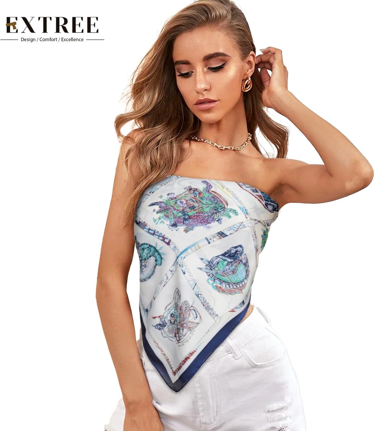 imageEXTREE Silk Feeling Scarf Medium Square Satin Head Scarf Sleeping Hair Wrapping for Women 275  275 inchesLine Drawing Horse Head White and Blue