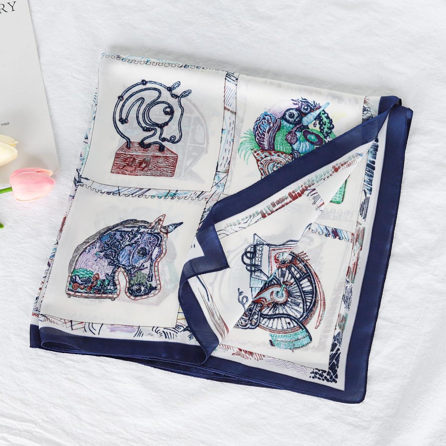 imageEXTREE Silk Feeling Scarf Medium Square Satin Head Scarf Sleeping Hair Wrapping for Women 275  275 inchesLine Drawing Horse Head White and Blue