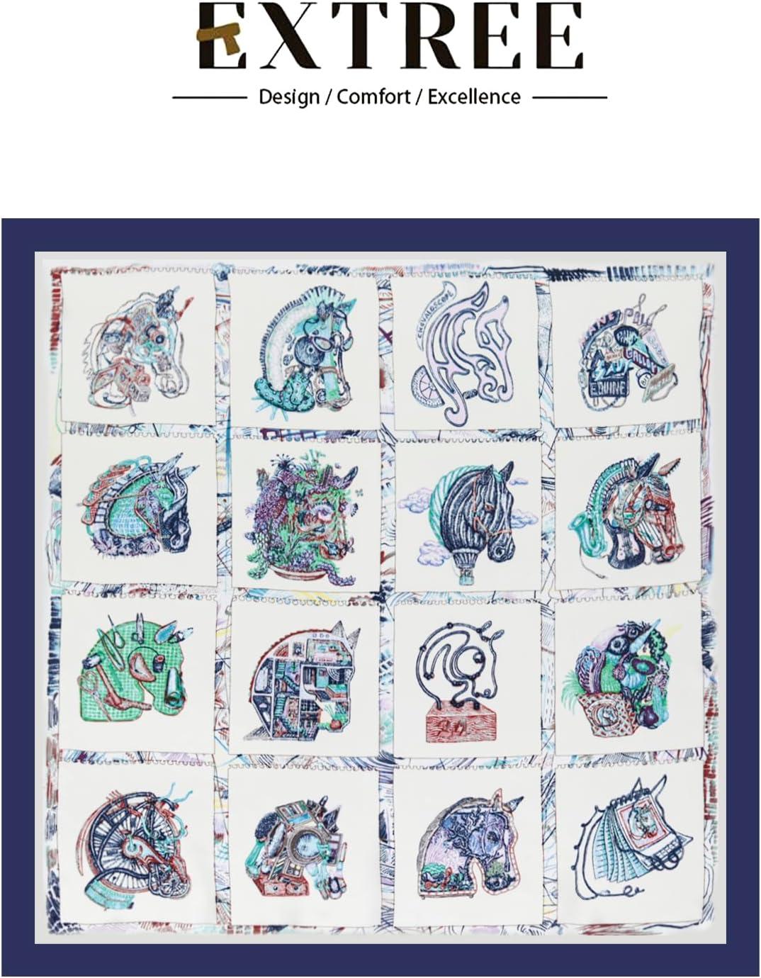 imageEXTREE Silk Feeling Scarf Medium Square Satin Head Scarf Sleeping Hair Wrapping for Women 275  275 inchesLine Drawing Horse Head White and Blue