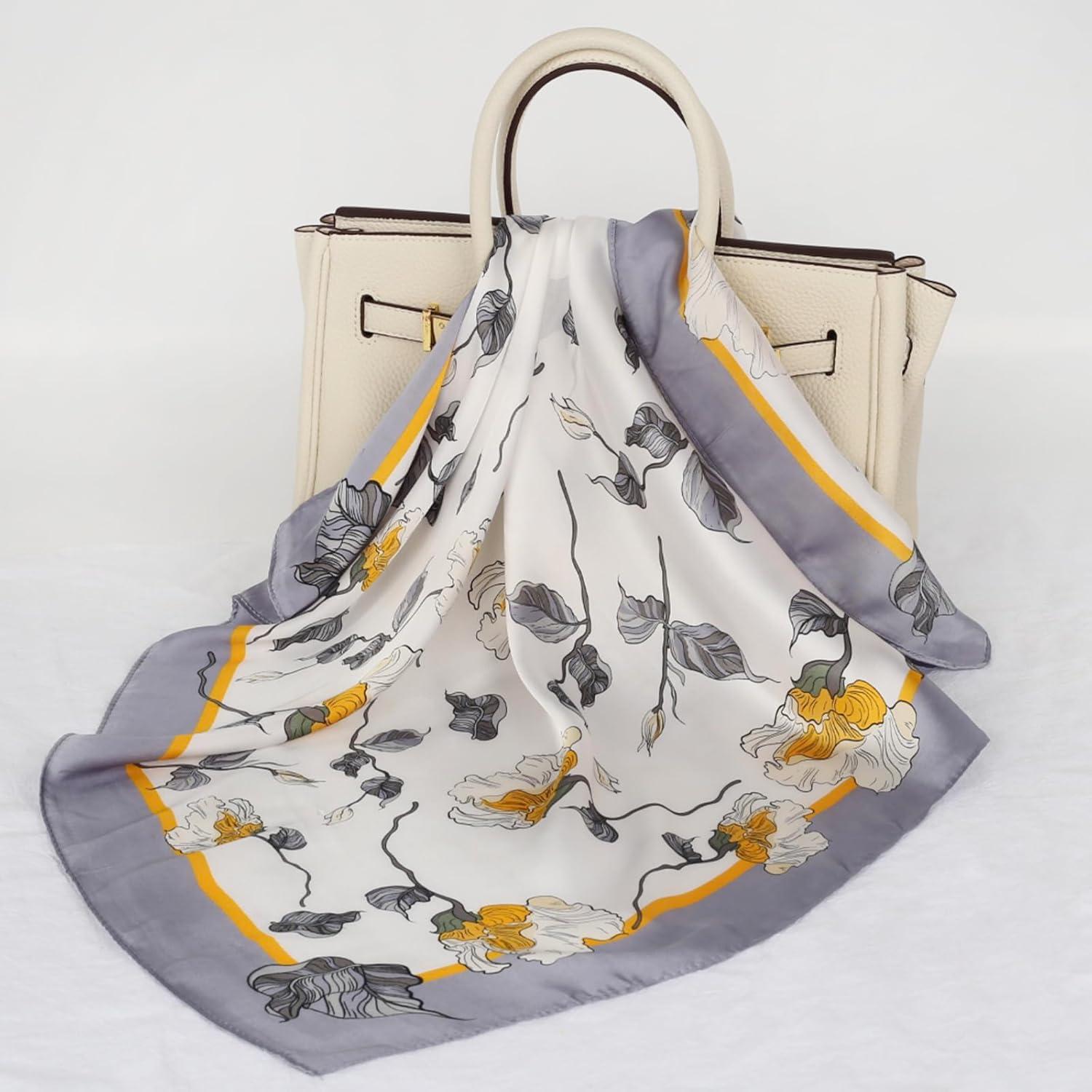 imageEXTREE Silk Feeling Scarf Medium Square Satin Head Scarf Sleeping Hair Wrapping for Women 275  275 inchesMedium Lemon Yellow Petals and Branches