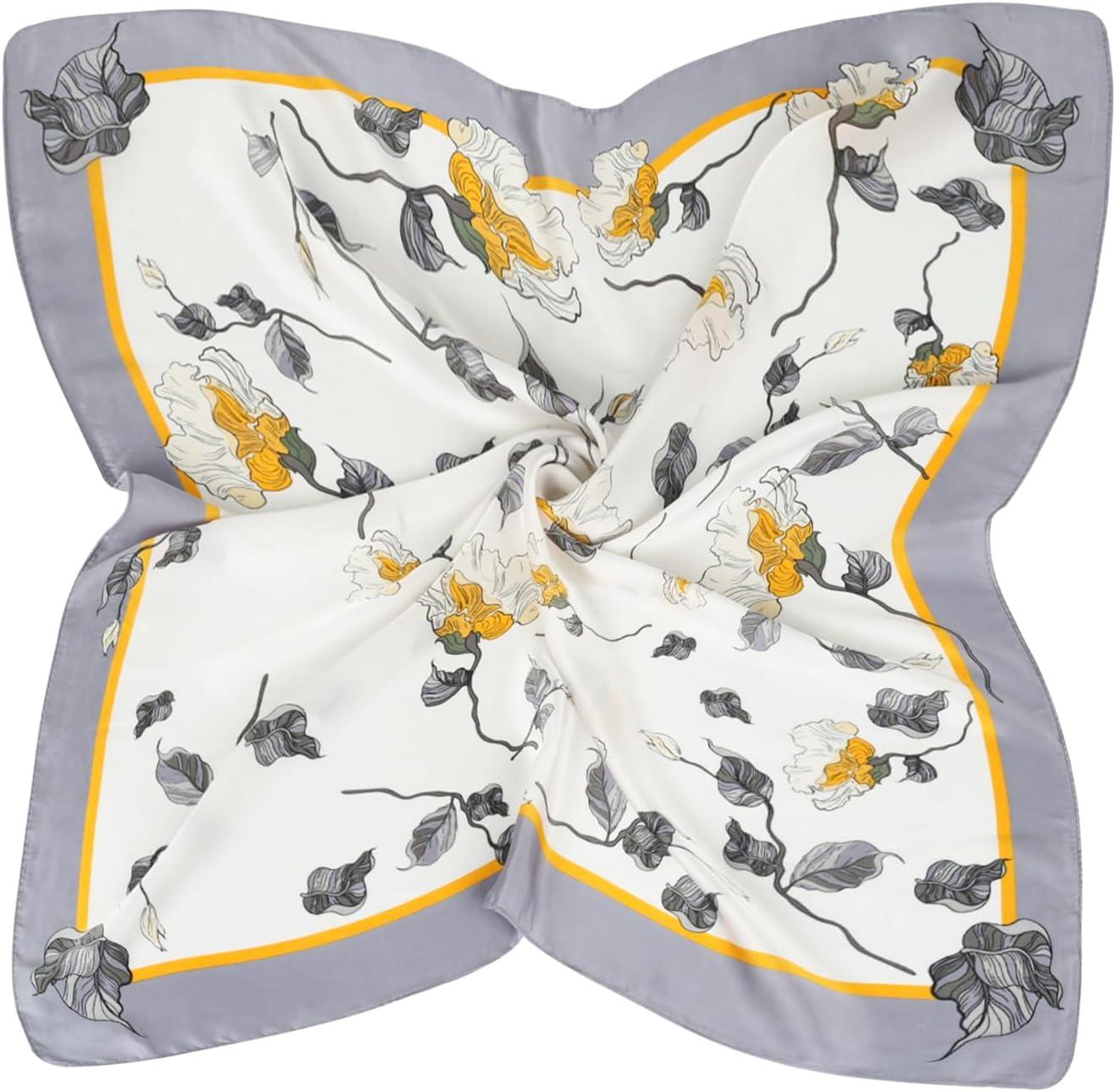 imageEXTREE Silk Feeling Scarf Medium Square Satin Head Scarf Sleeping Hair Wrapping for Women 275  275 inchesMedium Lemon Yellow Petals and Branches