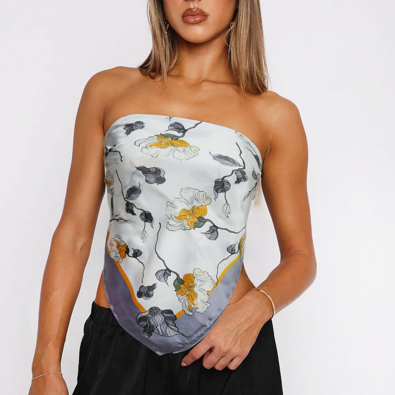 imageEXTREE Silk Feeling Scarf Medium Square Satin Head Scarf Sleeping Hair Wrapping for Women 275  275 inchesMedium Lemon Yellow Petals and Branches