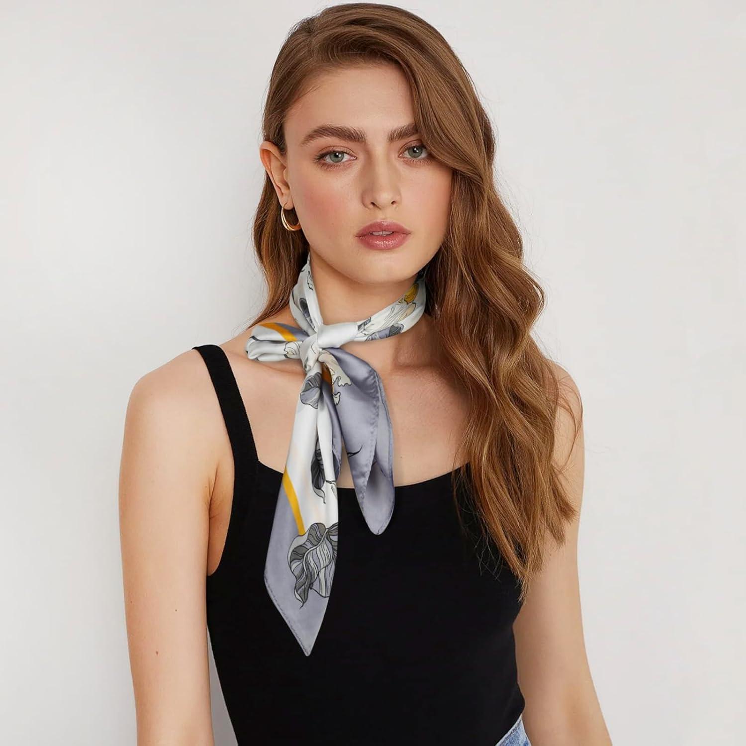 imageEXTREE Silk Feeling Scarf Medium Square Satin Head Scarf Sleeping Hair Wrapping for Women 275  275 inchesMedium Lemon Yellow Petals and Branches