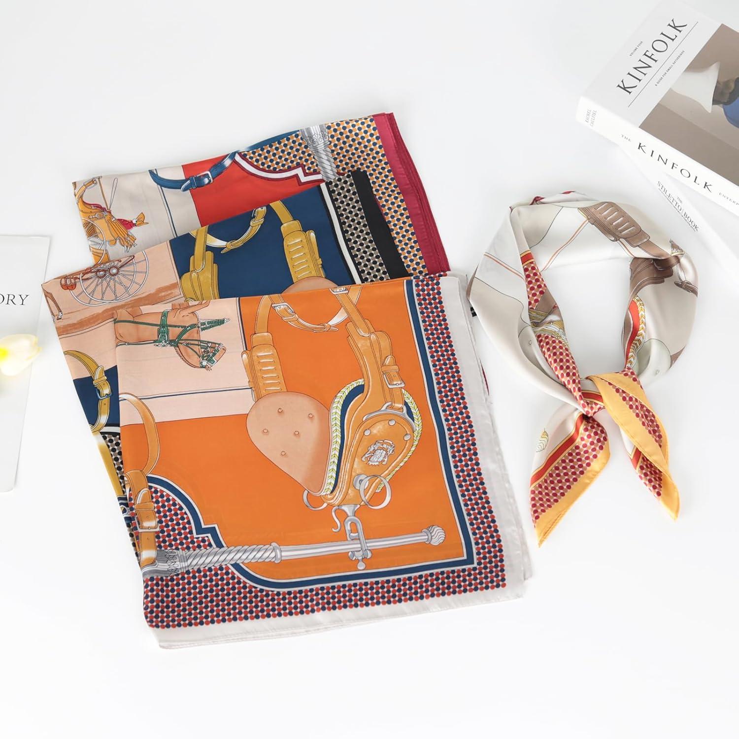 imageEXTREE Silk Feeling Scarf Medium Square Satin Head Scarf Sleeping Hair Wrapping for Women 275  275 inchesMr Carriage Offwhite