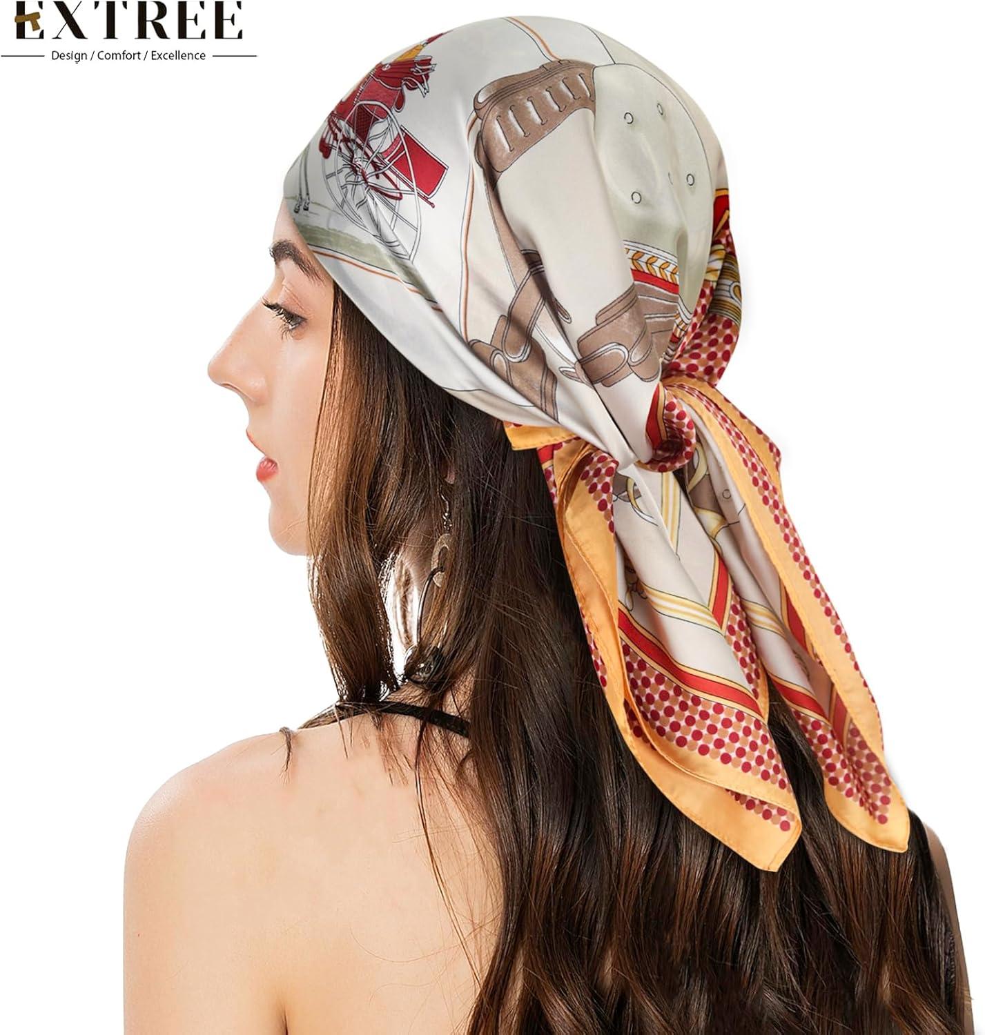 imageEXTREE Silk Feeling Scarf Medium Square Satin Head Scarf Sleeping Hair Wrapping for Women 275  275 inchesMr Carriage Offwhite