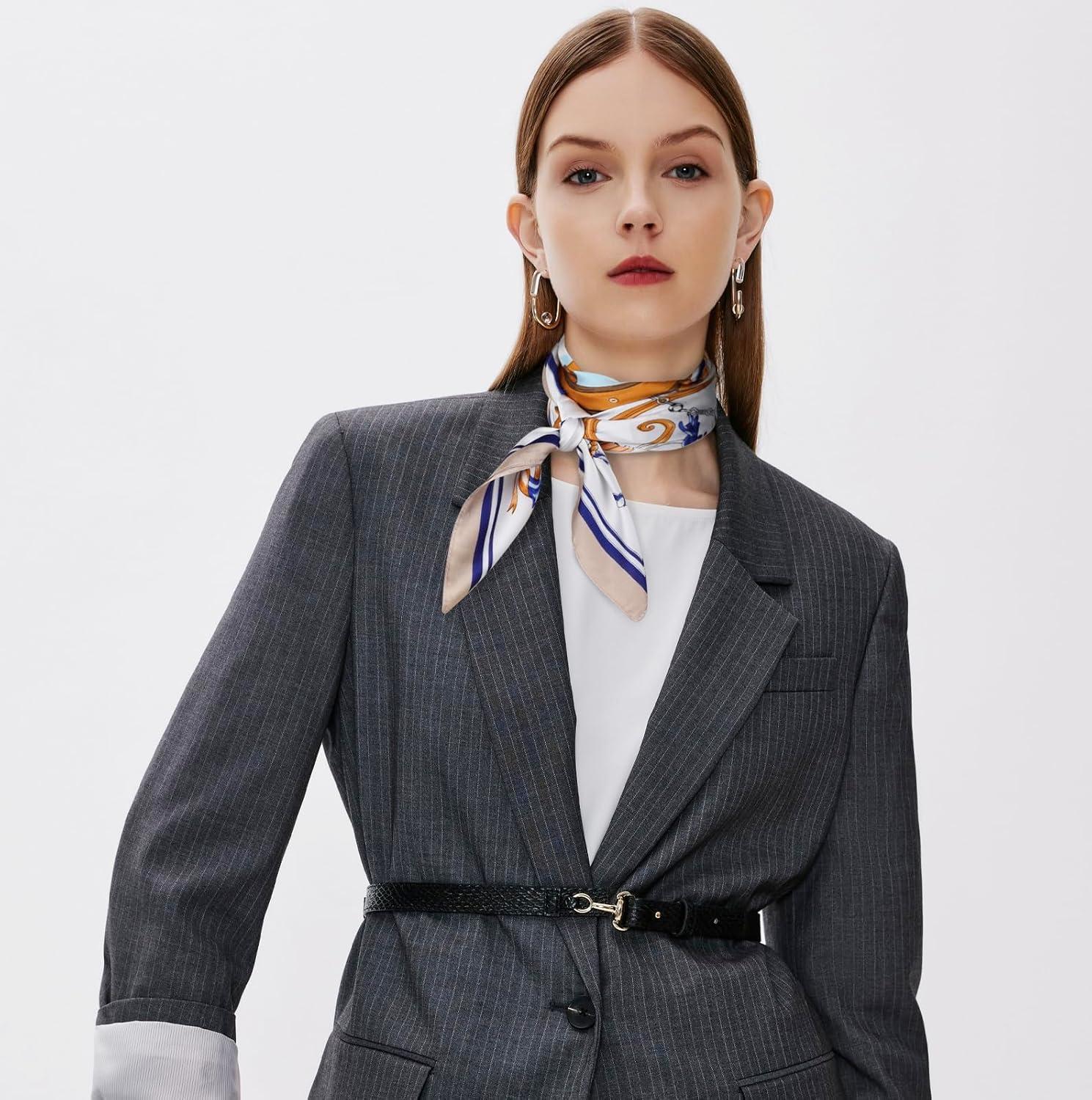 imageEXTREE Silk Feeling Scarf Medium Square Satin Head Scarf Sleeping Hair Wrapping for Women 275  275 inchesNautical Blue