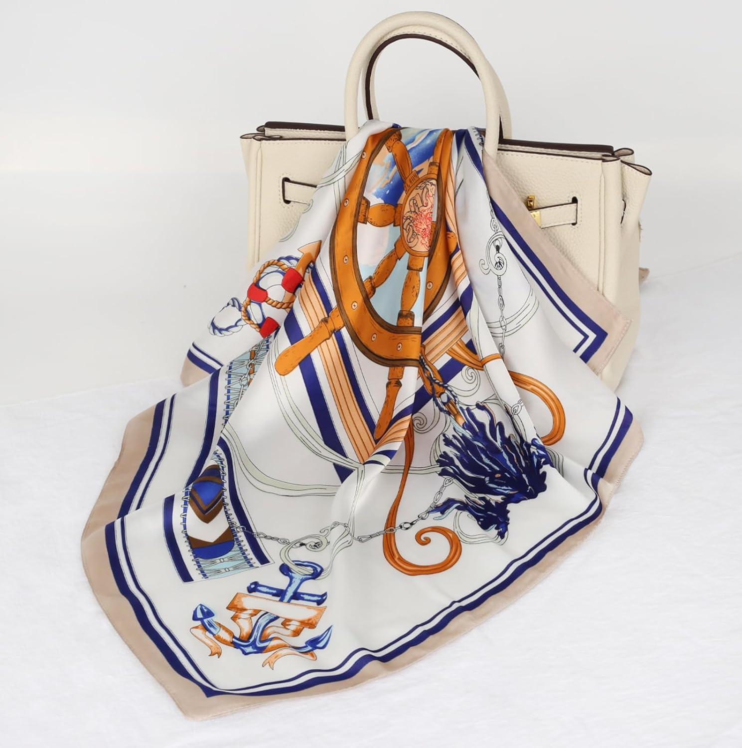 imageEXTREE Silk Feeling Scarf Medium Square Satin Head Scarf Sleeping Hair Wrapping for Women 275  275 inchesNautical Blue