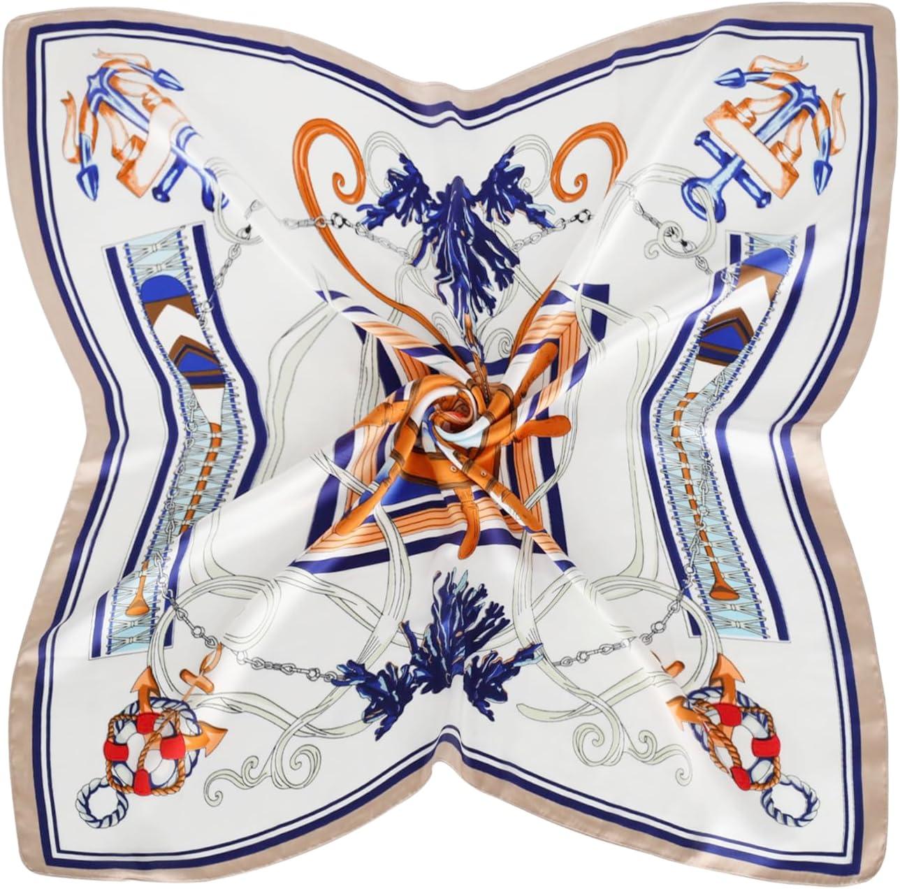 imageEXTREE Silk Feeling Scarf Medium Square Satin Head Scarf Sleeping Hair Wrapping for Women 275  275 inchesNautical Blue