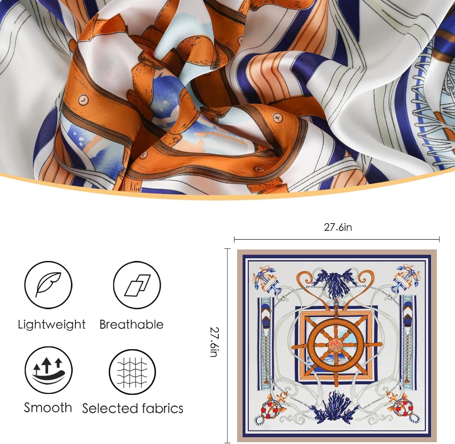 imageEXTREE Silk Feeling Scarf Medium Square Satin Head Scarf Sleeping Hair Wrapping for Women 275  275 inchesNautical Blue