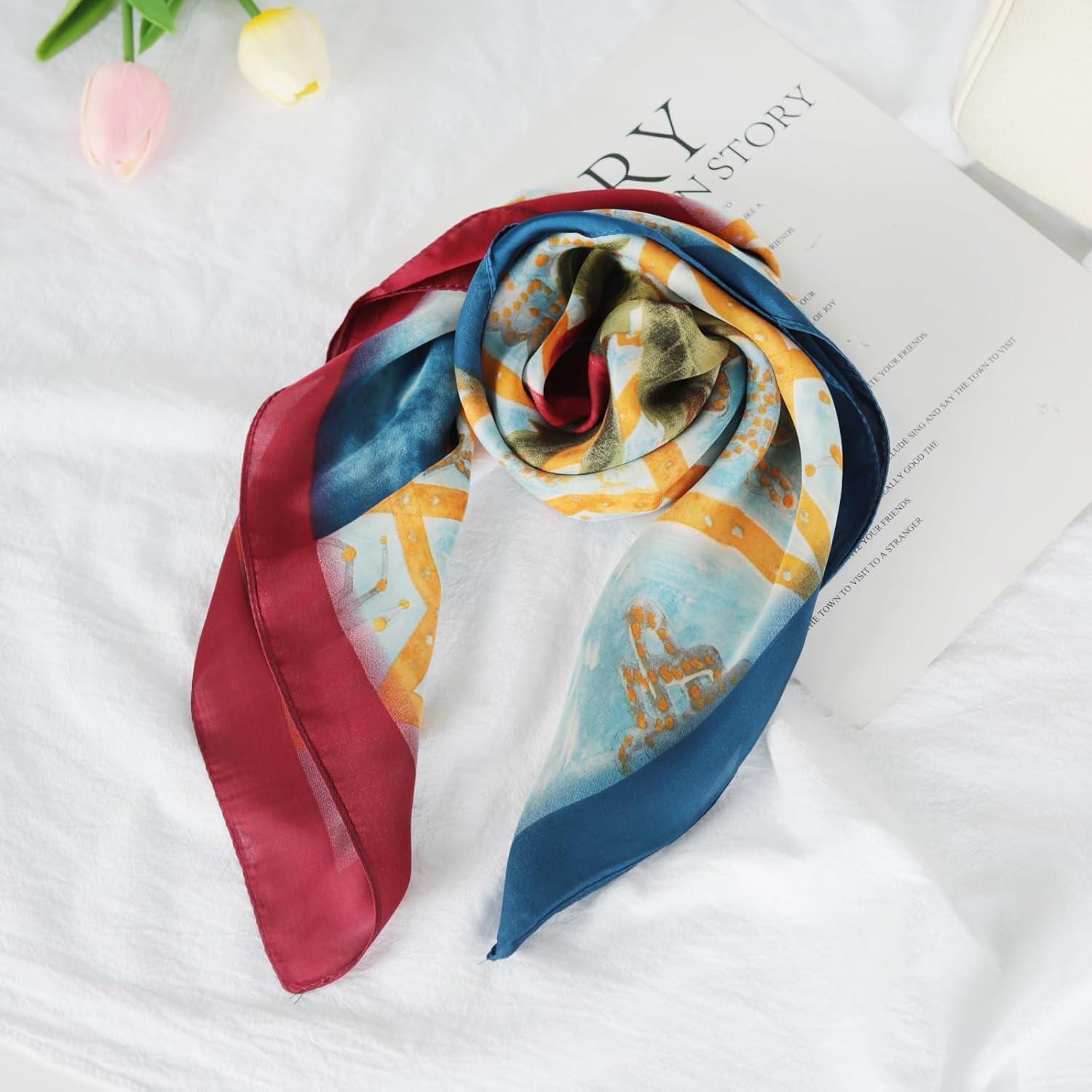 imageEXTREE Silk Feeling Scarf Medium Square Satin Head Scarf Sleeping Hair Wrapping for Women 275  275 inchesOil Painting Dandelion