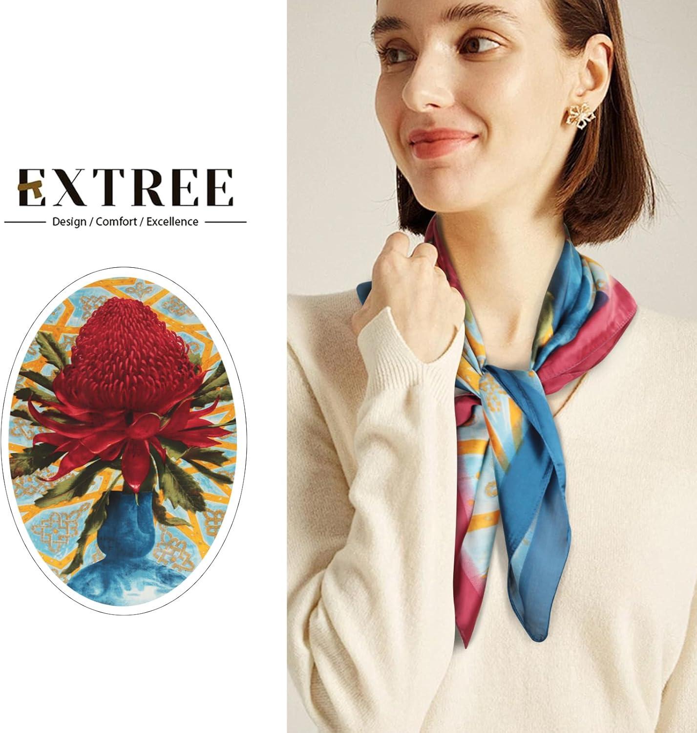 imageEXTREE Silk Feeling Scarf Medium Square Satin Head Scarf Sleeping Hair Wrapping for Women 275  275 inchesOil Painting Dandelion