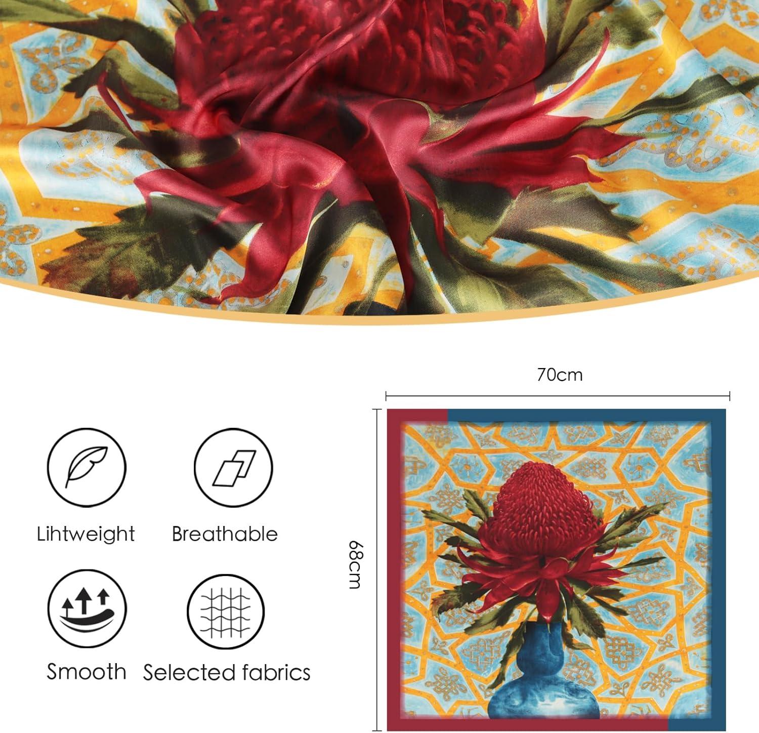 imageEXTREE Silk Feeling Scarf Medium Square Satin Head Scarf Sleeping Hair Wrapping for Women 275  275 inchesOil Painting Dandelion