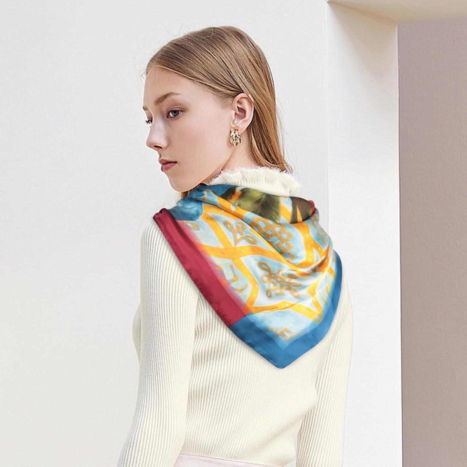 imageEXTREE Silk Feeling Scarf Medium Square Satin Head Scarf Sleeping Hair Wrapping for Women 275  275 inchesOil Painting Dandelion