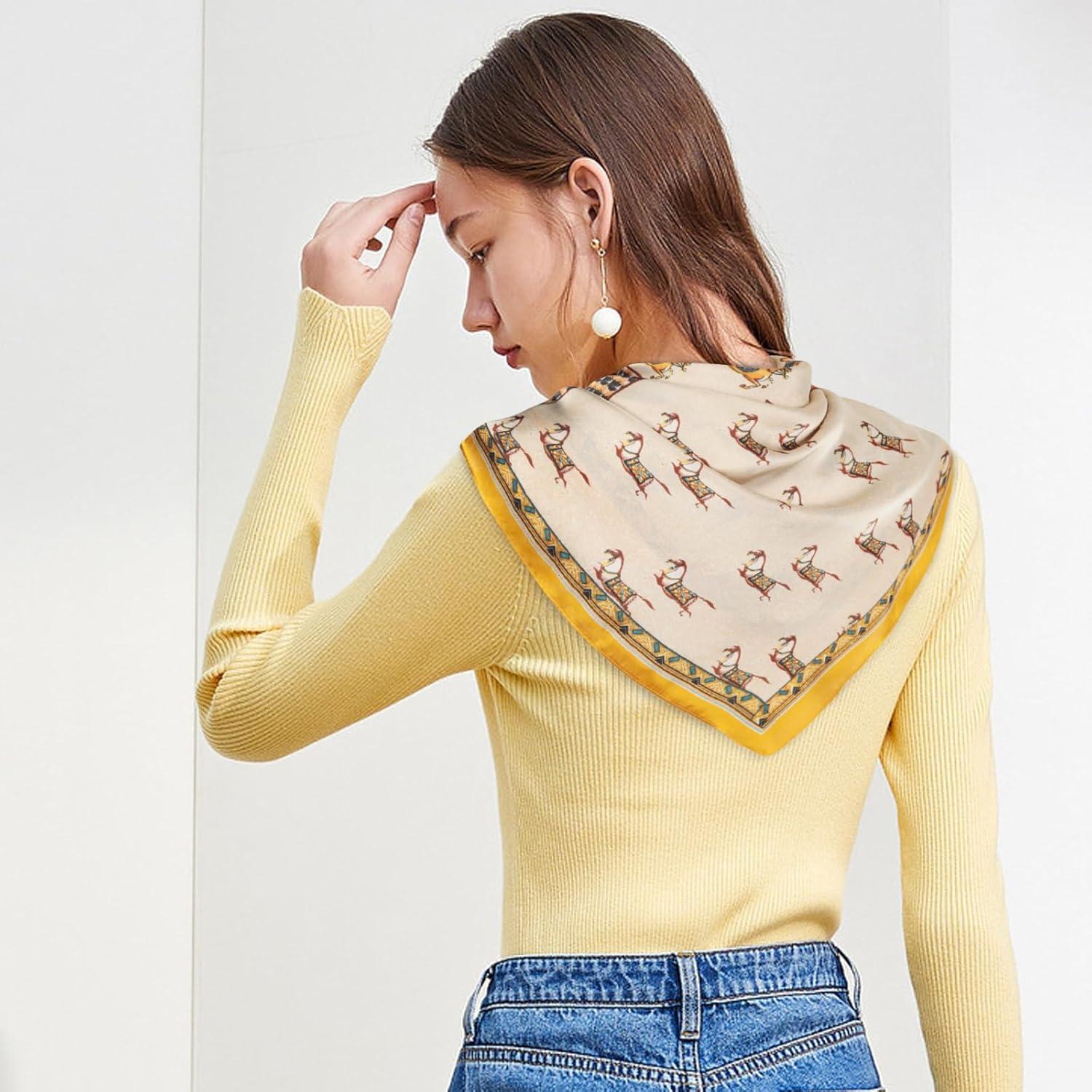 imageEXTREE Silk Feeling Scarf Medium Square Satin Head Scarf Sleeping Hair Wrapping for Women 275  275 inchesOrange Horse Galloping