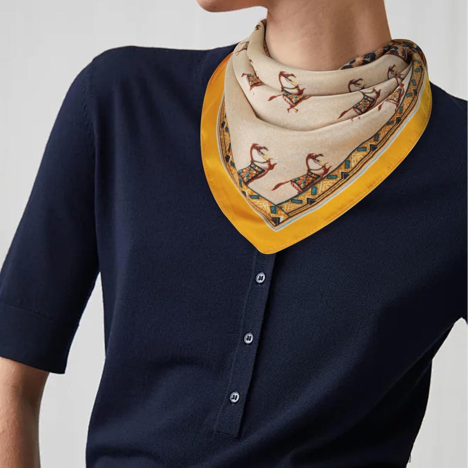 imageEXTREE Silk Feeling Scarf Medium Square Satin Head Scarf Sleeping Hair Wrapping for Women 275  275 inchesOrange Horse Galloping