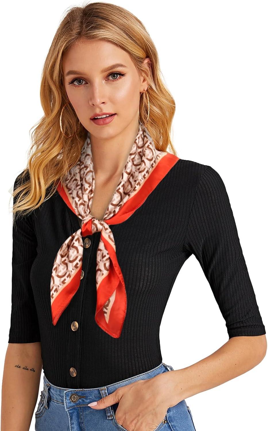 imageEXTREE Silk Feeling Scarf Medium Square Satin Head Scarf Sleeping Hair Wrapping for Women 275  275 inchesOrange Semicircle Pattern