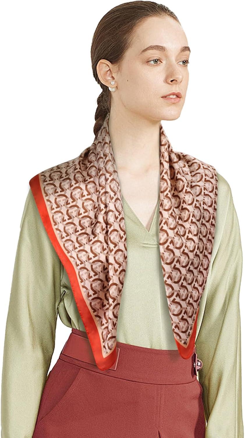 imageEXTREE Silk Feeling Scarf Medium Square Satin Head Scarf Sleeping Hair Wrapping for Women 275  275 inchesOrange Semicircle Pattern