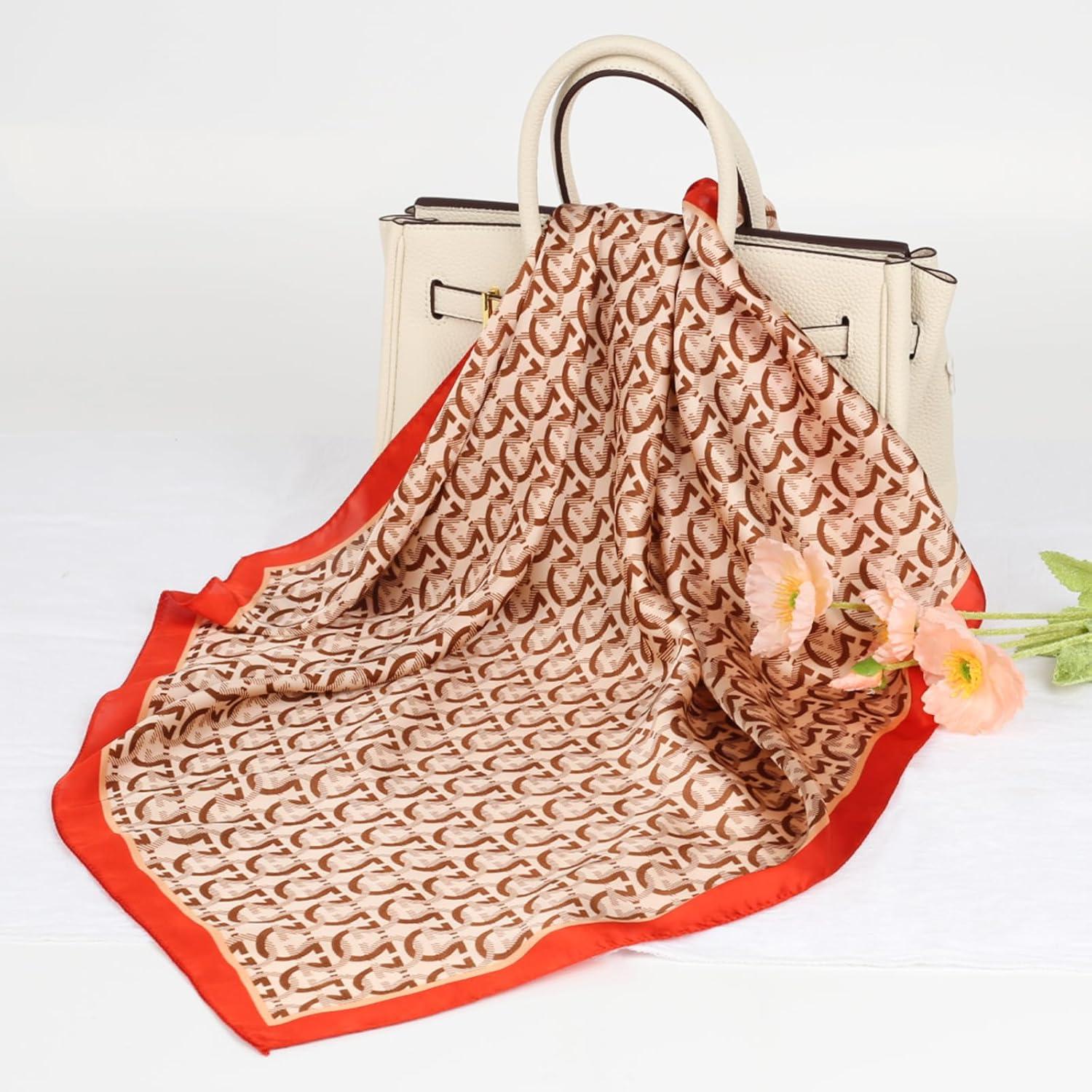 imageEXTREE Silk Feeling Scarf Medium Square Satin Head Scarf Sleeping Hair Wrapping for Women 275  275 inchesOrange Semicircle Pattern