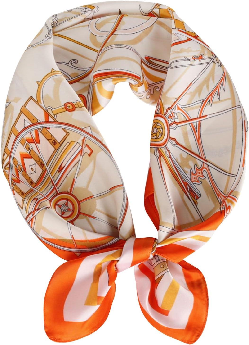 imageEXTREE Silk Feeling Scarf Medium Square Satin Head Scarf Sleeping Hair Wrapping for Women 275  275 inchesOrange and White Wheels