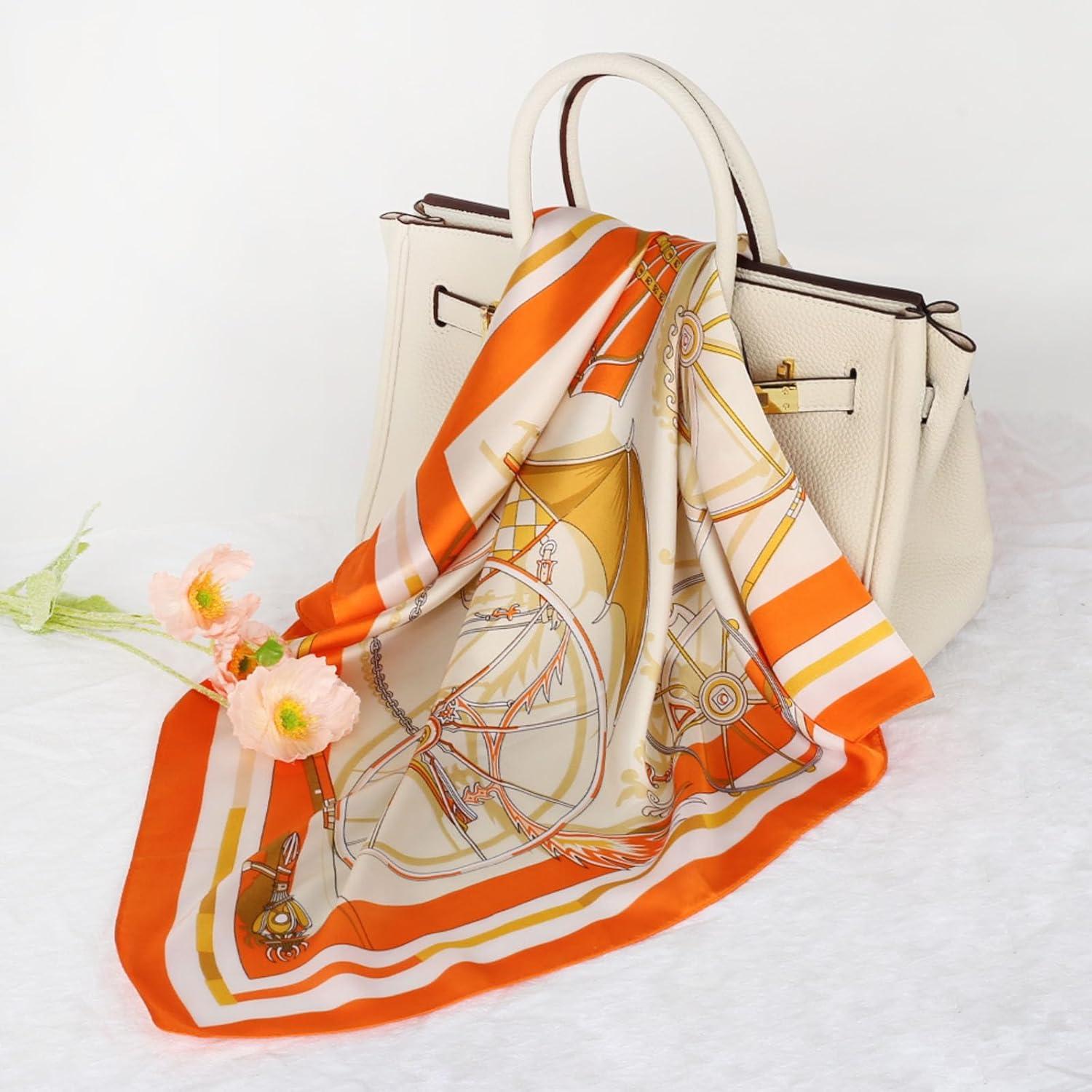 imageEXTREE Silk Feeling Scarf Medium Square Satin Head Scarf Sleeping Hair Wrapping for Women 275  275 inchesOrange and White Wheels