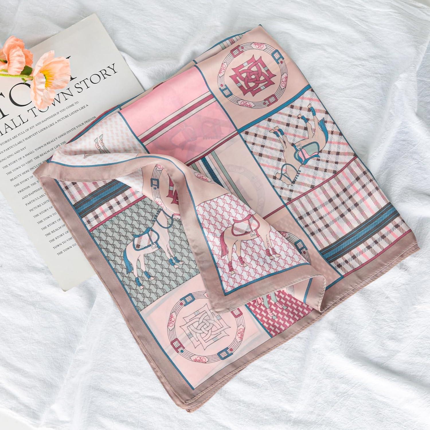 imageEXTREE Silk Feeling Scarf Medium Square Satin Head Scarf Sleeping Hair Wrapping for Women 275  275 inchesPink Pony